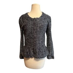J Crew Tweed Peplum Jacket Blue Full Zip Long Sleeve Textured Fitted  MED